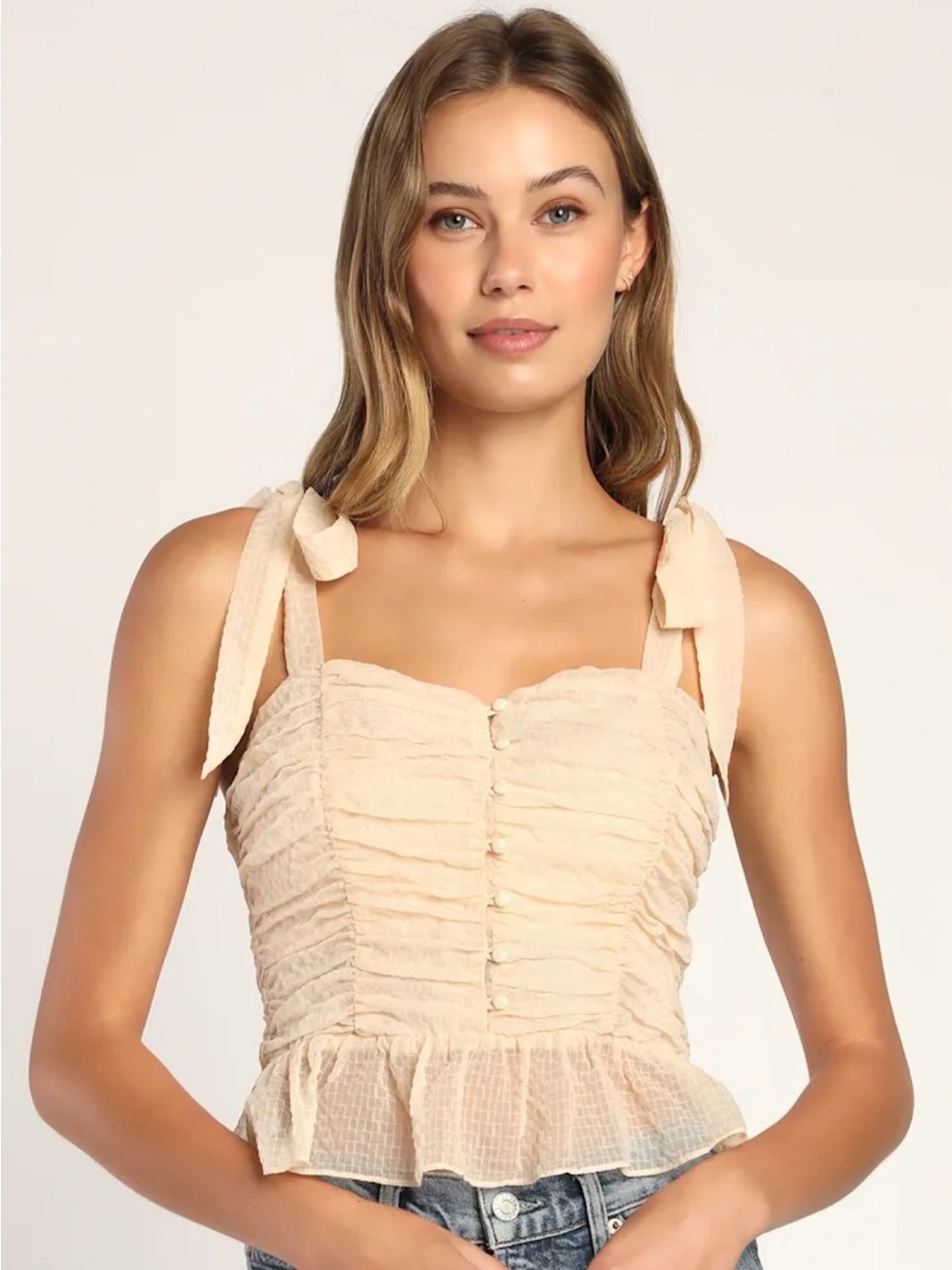 Lulu's Cream Tie-Shoulder Chiffon Ruching Peplum Top Size Medium NWT